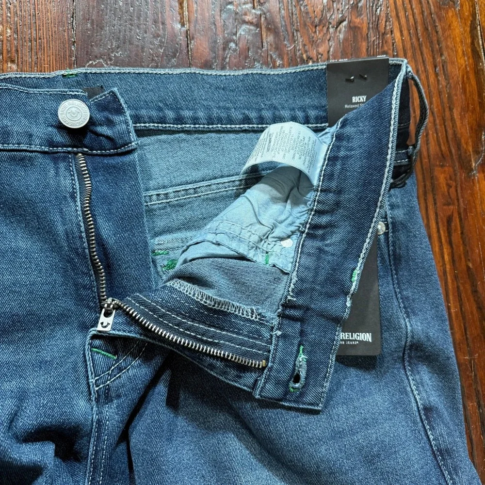 True Religion Jeans Mens 36x34 Blue Ricky Relaxed Straight Flap‎ Faded Whiskers